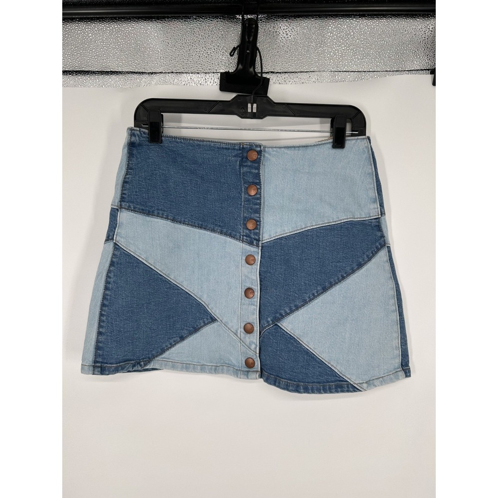 Madewell Pieced Patchwork Denim Mini Skirt Women's 29 Blue Cotton Button Front